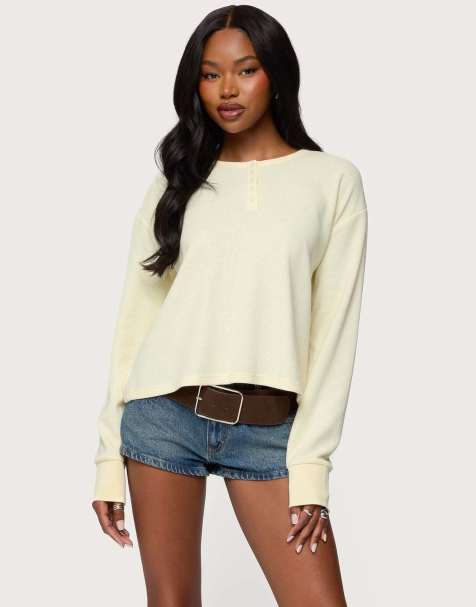 Edikted Deni long sleeve henley waffle top in yellow - view 1