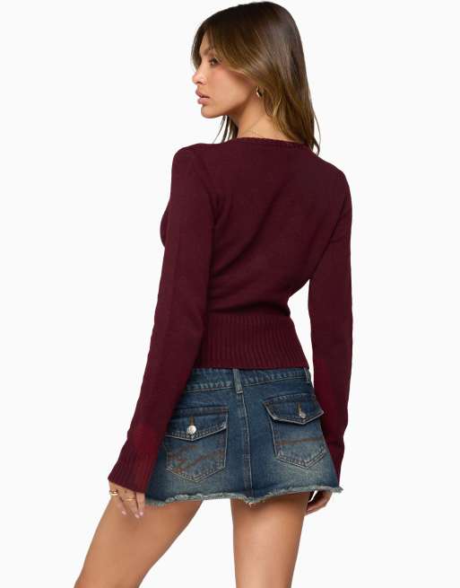 Edikted Dezi long sleeve knit top in burgundy, 2 of 5