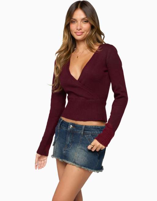 Edikted Dezi long sleeve knit top in burgundy, 3 of 5