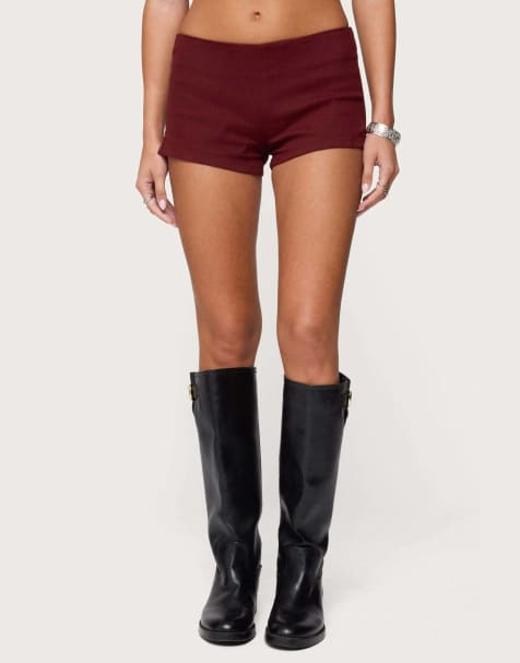 Edikted Dinah denim micro shorts in burgundy - view 1