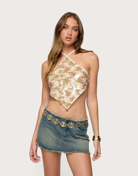 Edikted Dixie backless sequin triangle top in cream - view 1