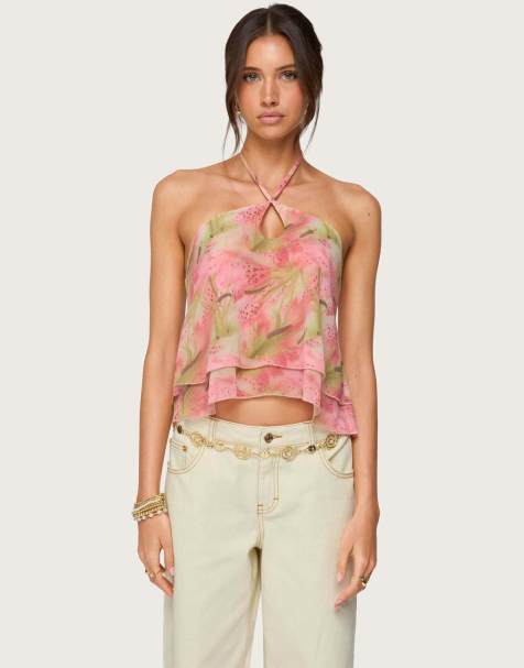 Edikted Dragon flower layered mesh halter top in mix