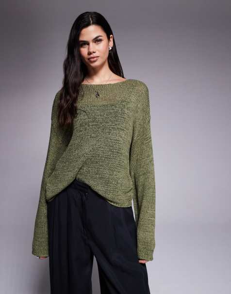 Edikted drop shoulder light knit sweater in khaki