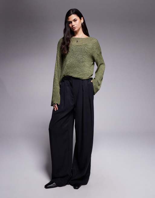 Edikted drop shoulder light knit sweater in khaki, 2 of 4