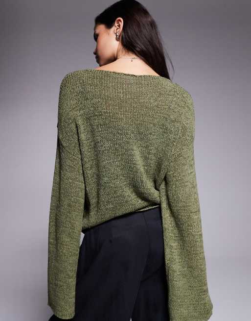 Edikted drop shoulder light knit sweater in khaki, 3 of 4