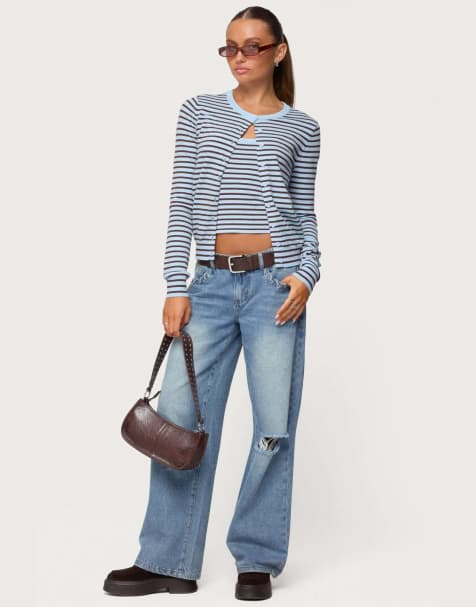 Edikted Dutton distressed low rise jeans in light blue - view 1