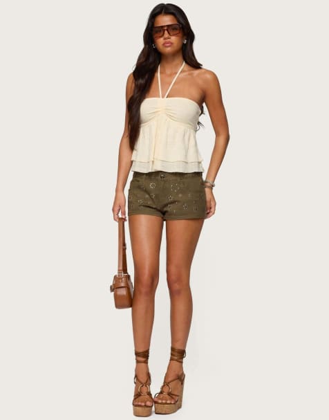 Edikted Eartha studded micro shorts in olive - view 1