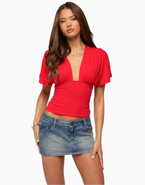 Edikted Edikted betee flutter plunge neck top in red - view 1