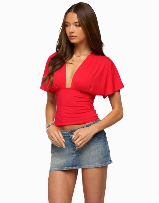 Edikted Edikted betee flutter plunge neck top in red, 3 of 5