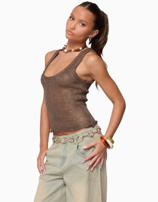 Edikted Edikted eleora sequin knit tank top in brown, 3 of 5