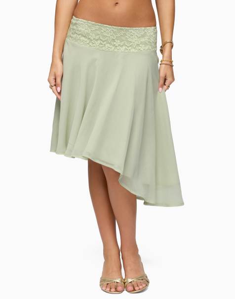 Edikted Edikted evia lacey asymmetric midi skirt in sage