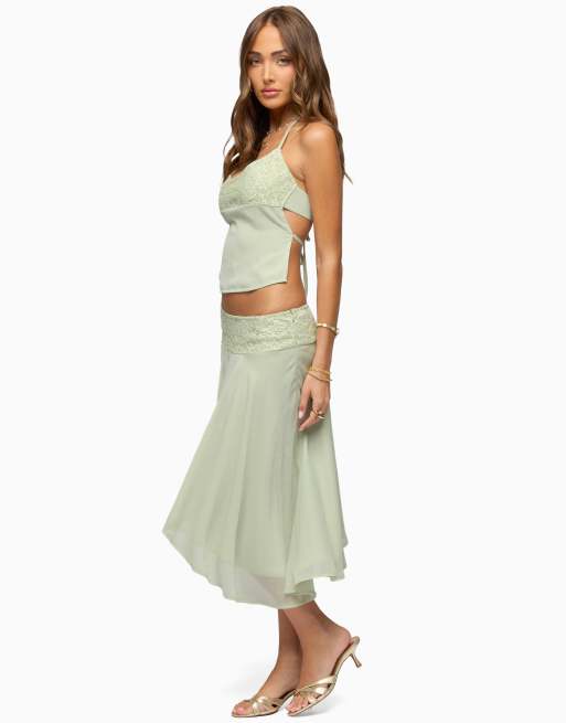 Edikted Edikted evia lacey asymmetric midi skirt in sage, 4 of 5