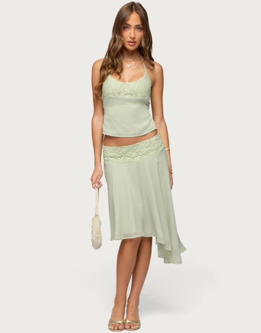 Edikted Edikted evia lacey asymmetric midi skirt in sage, 5 of 5