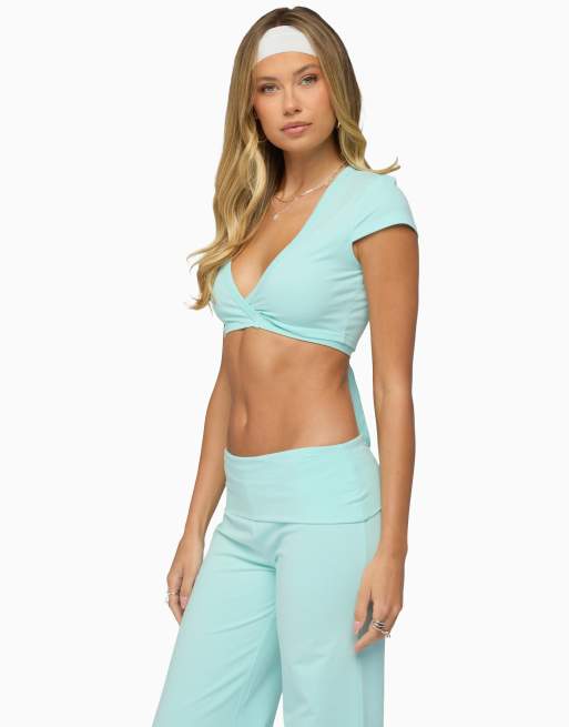 Edikted Edikted laverne wrap crop top in turquoise, 3 of 5
