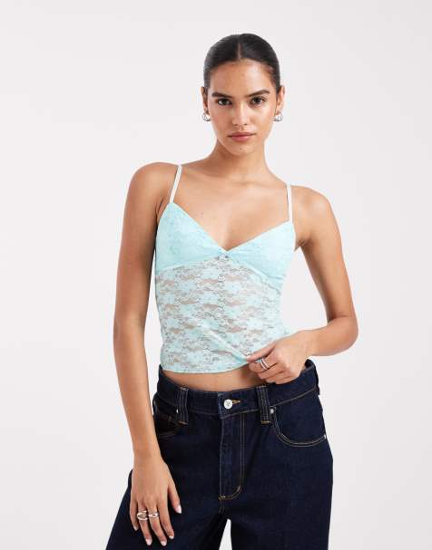 Edikted Eira sheer lace tank top in turquoise - view 1