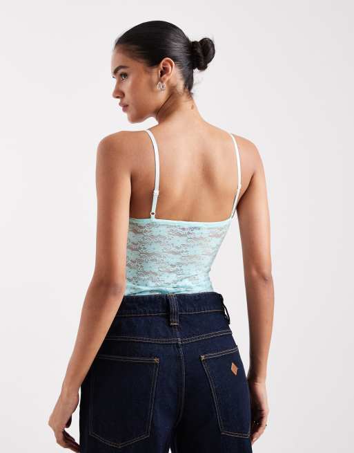 Edikted Eira sheer lace tank top in turquoise, 3 of 4