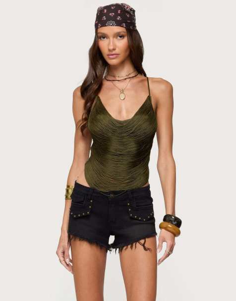 Edikted Elenie fringed cowl neck top in olive - view 1