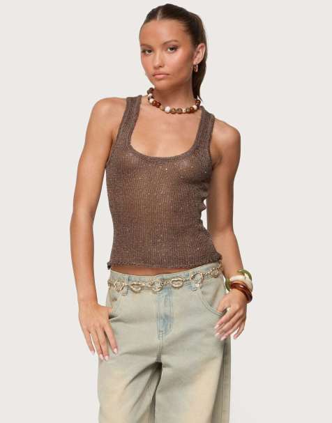 Edikted Eleora sequin knit tank top in brown - view 1