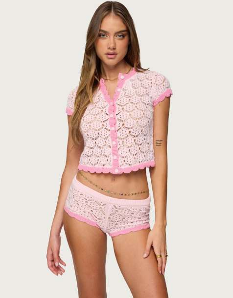 Edikted Elisa open knit button up top in light pink - view 1