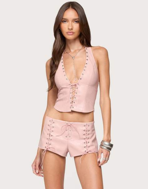Edikted Elisha lace up faux leather halter top in pink - view 1