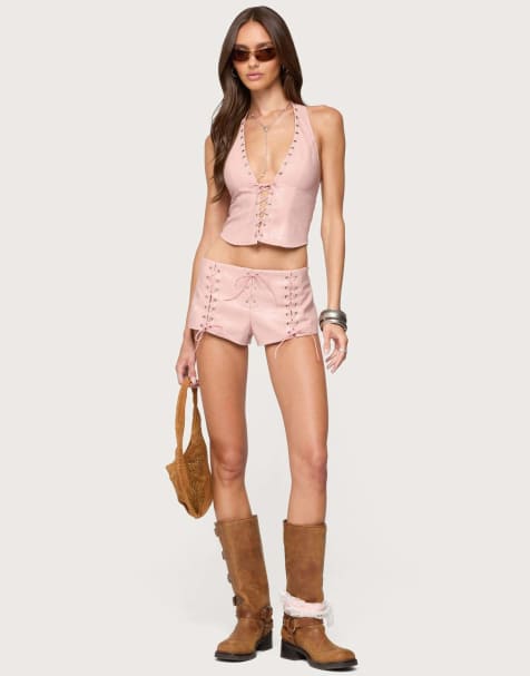Edikted Elisha lace up faux leather shorts in pink