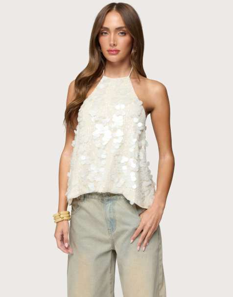 Edikted Ellorie backless sequin halter top in cream - view 1