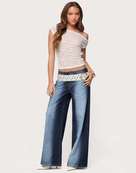 Edikted Ema bleach washed low rise jeans in dark blue - view 1