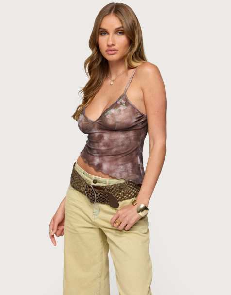Edikted Embroidered asymmetric printed mesh top in brown - view 1