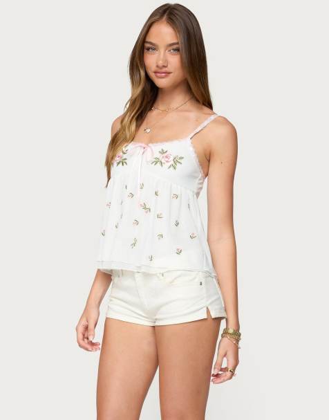 Edikted Embroidered layered mesh babydoll top in white - view 1