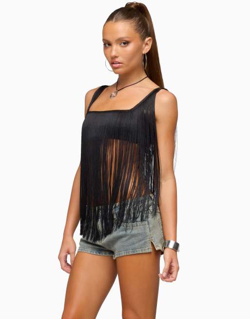 Edikted eranthe fringed crop top in black, 3 of 5