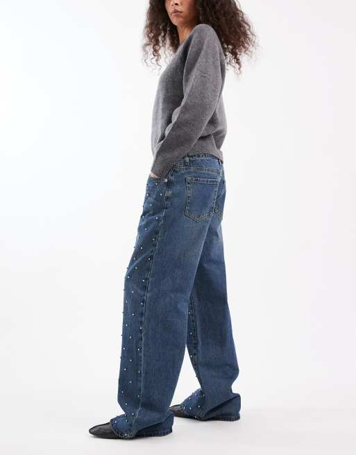 Edikted Esmay studded low rise jeans in blue, 2 of 5