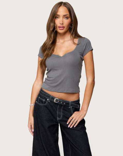 Edikted Ettalie scoop neck t shirt in dark gray - view 1