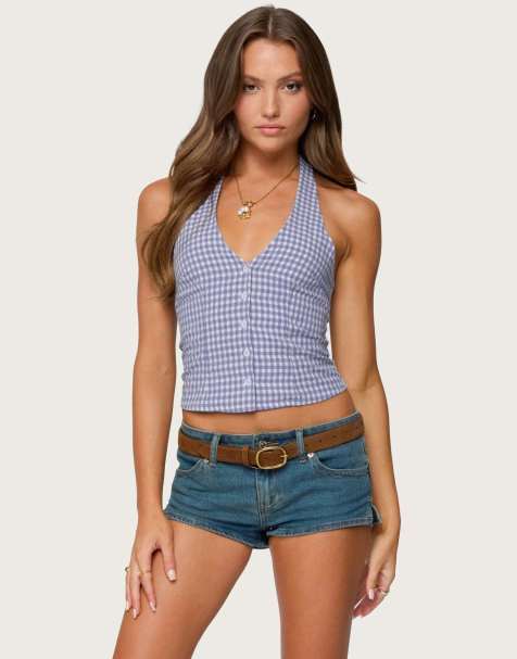 Edikted Evan gingham button up halter top in blue - view 1