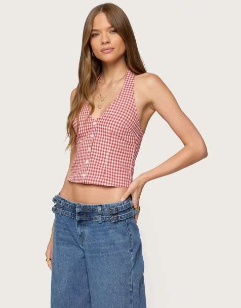 Edikted Evan gingham button up halter top in red
