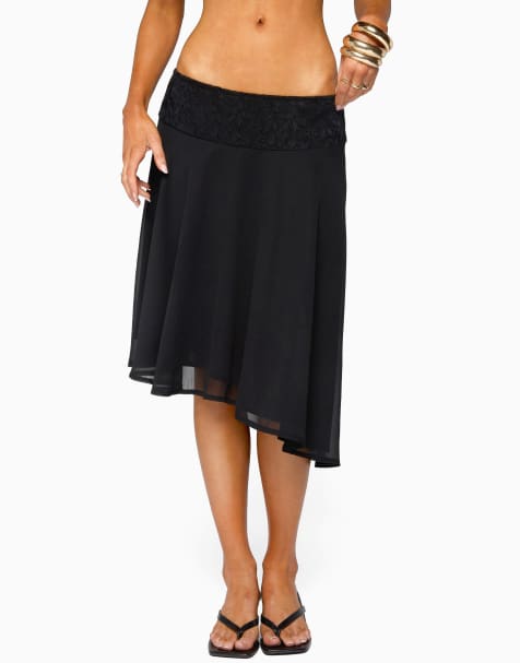Edikted evia lacey asymmetric midi skirt in black
