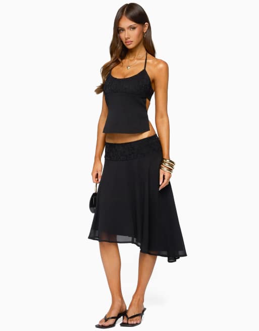Edikted evia lacey asymmetric midi skirt in black, 4 of 5