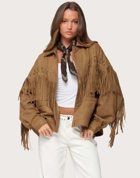 Edikted Evonka fringe faux suede jacket in brown