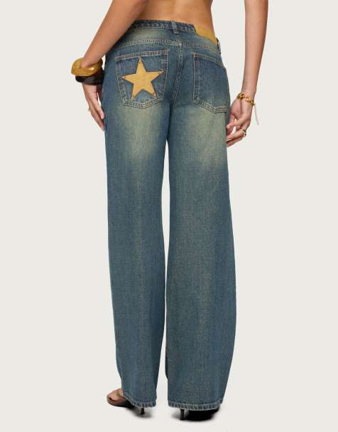 Edikted Faux suede star low rise jeans in blue washed - view 1