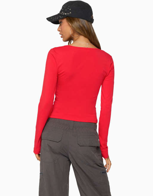 Edikted feva v neck long sleeve top in red, 2 of 5