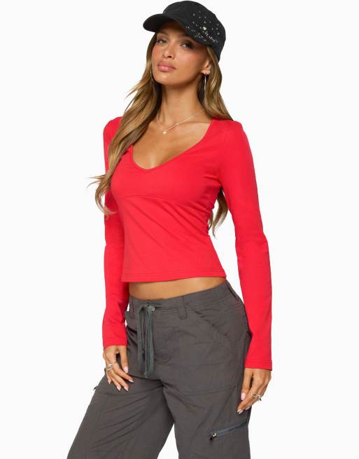 Edikted feva v neck long sleeve top in red, 3 of 5