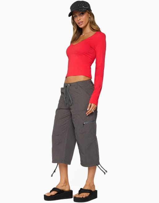 Edikted feva v neck long sleeve top in red, 4 of 5