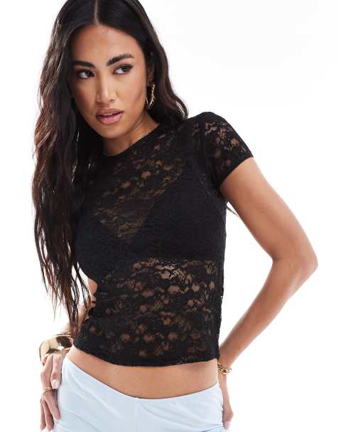 Edikted – Figurbetontes T-Shirt in Schwarz mit knappem Schnitt und Spitze - view 1