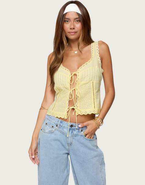 Edikted Fiore eyelet tie front top in yellow - view 1