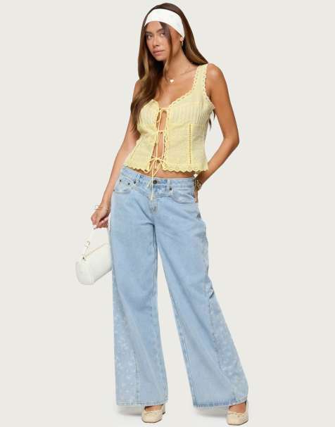 Edikted Floral split low rise jeans in blue washed - view 1