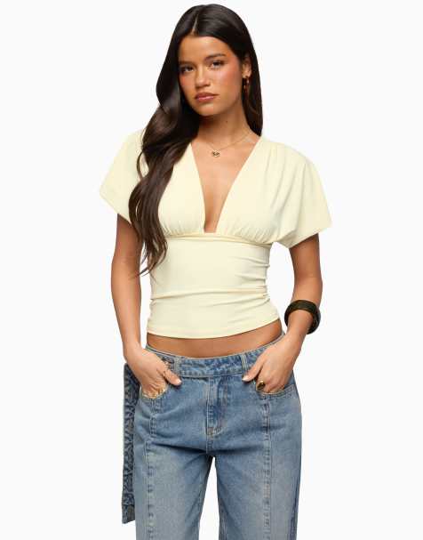 Edikted flutter plunging v neck top in light-yellow - view 1