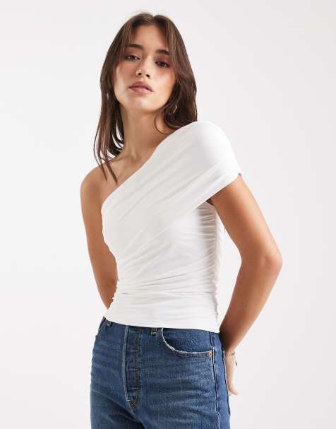 Edikted fold over ruched one shoulder top in white - view 1