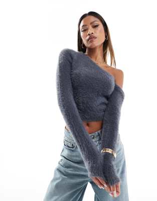 Edikted Frannie one shoulder fuzzy knit top