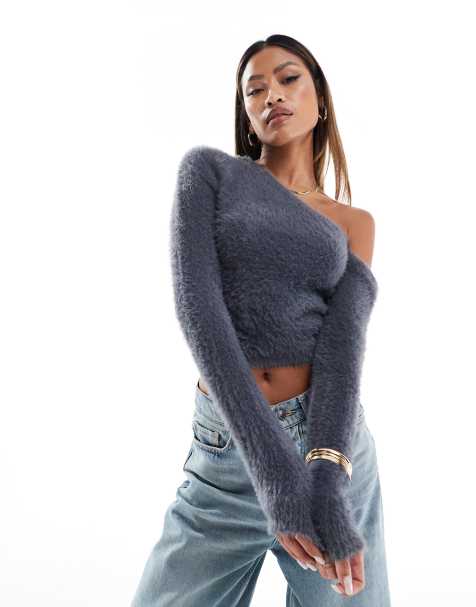 Edikted Frannie One Shoulder Fuzzy Knit Top - view 1