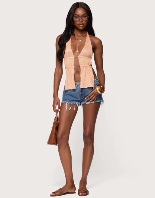 Edikted Frayed vintage washed denim shorts in blue