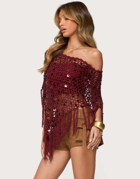 Edikted Fringe sequin crochet poncho in burgundy - view 1